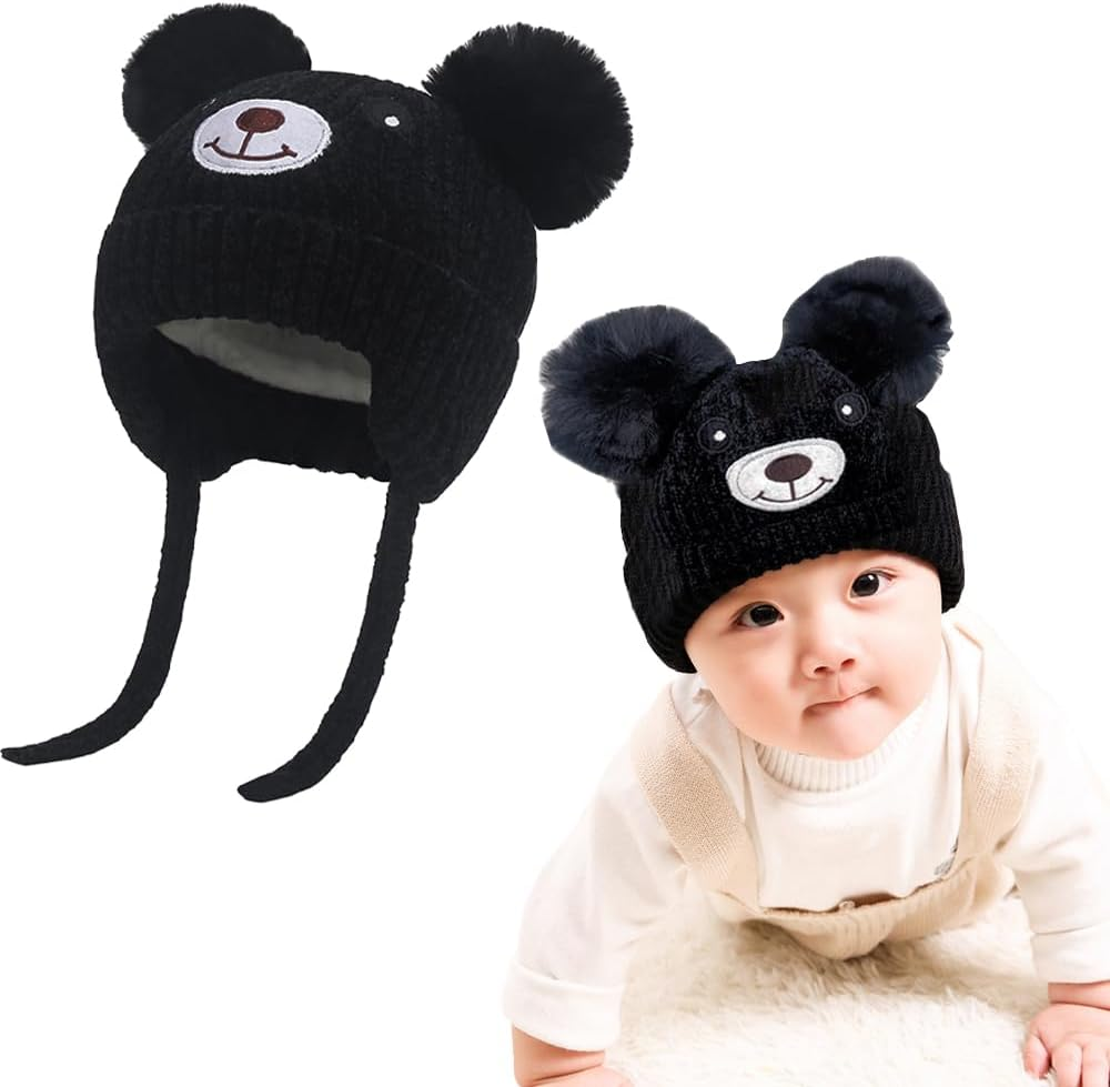 Cute Bear Kids Winter Fleece Lined Knitted Hat with Ear Flaps Dual Pom-Pom Chenille Furry Beanie Earflap Warm Beanie Hat with Strap Cold Weather Warm Hat for 1-5 Y Infant Toddler Boys Girls