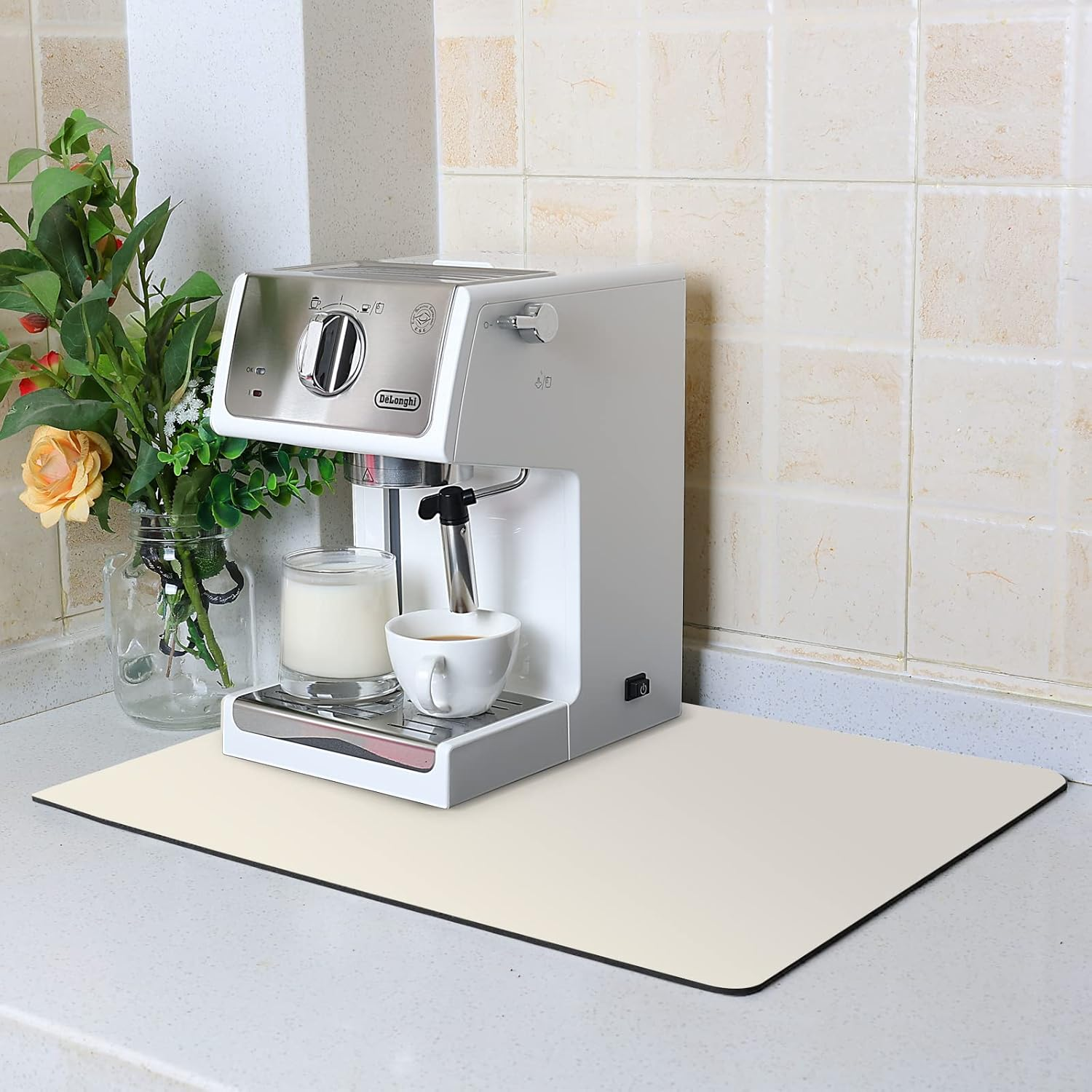 ZLR Coffee Mat - 16" X 20" Large Kitchen Absorbent Mat for Countertop - Easy to Clean Coffee Bar Mat for Espresso Machine, Dish Drying and Spill Protection - Creamy image number 2