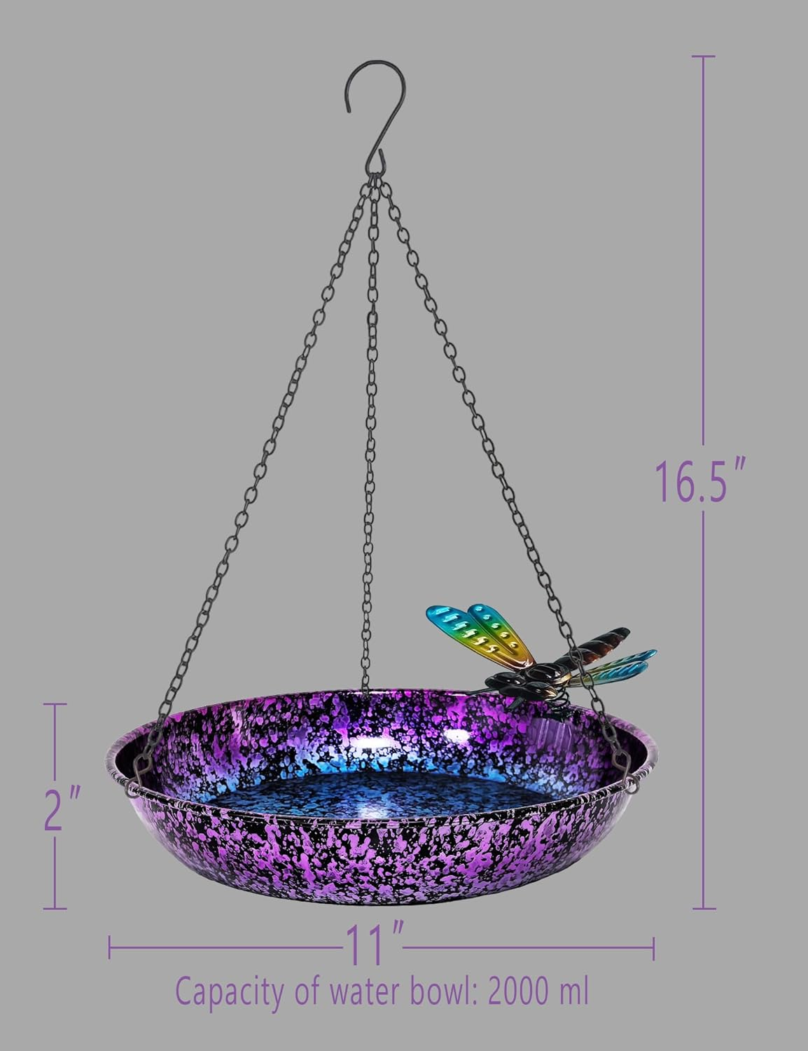 Hanging Bird Bath for Outdoor 11 Inch Colorful Purple&Blue Metal Bird Feeder Birdbath Bowl Mounted Rust-Proof Black Chain Metal Dragonfly Yard Art Garden Decor image number 5