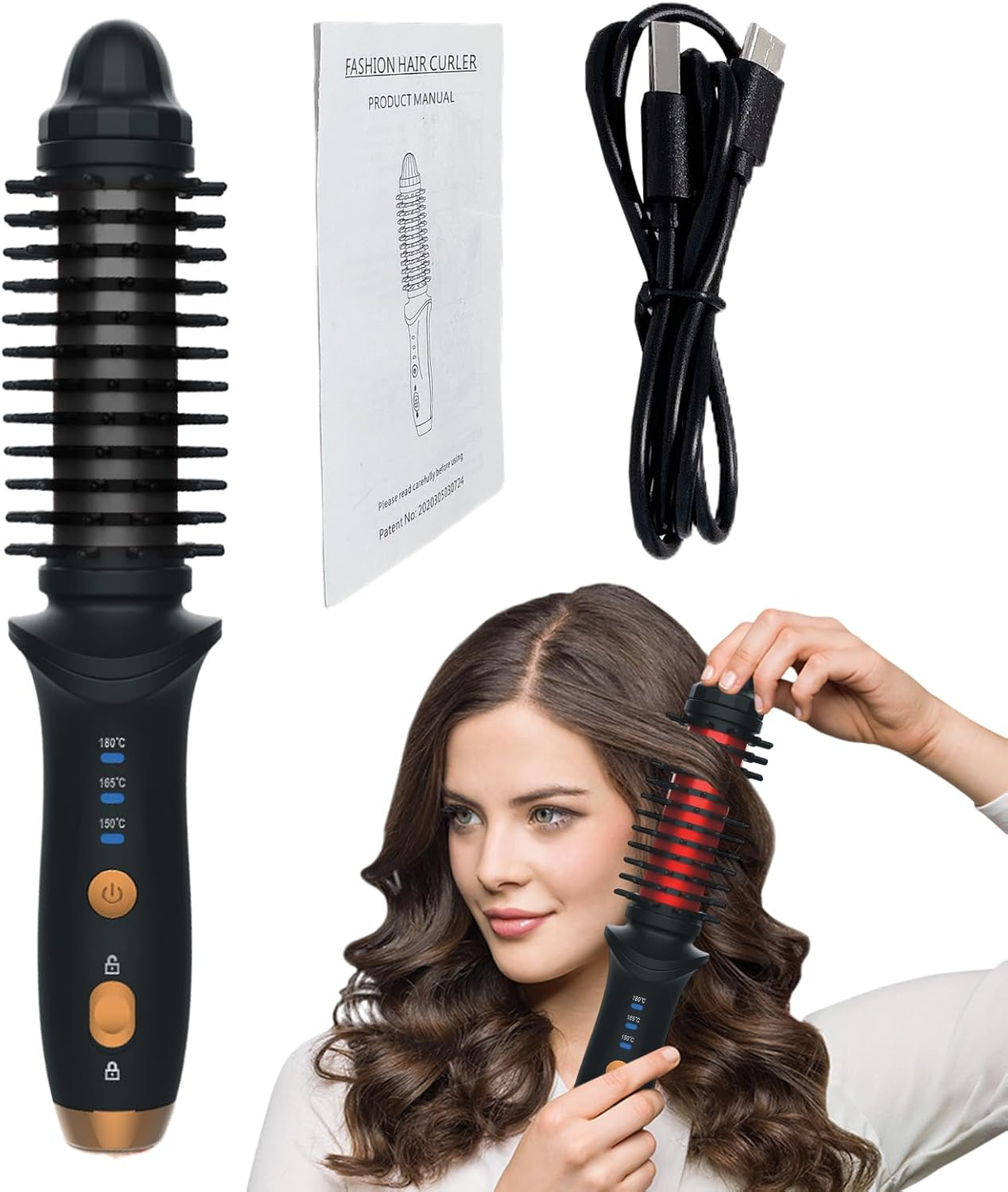22.5X4.4X4.2 Cm Portable Rechargeable Curling Brush PC Small Hair Curling Iron Fast Heating Hot Brush for Women Nylon Bristle Styling Tool for Home, All Hair Types