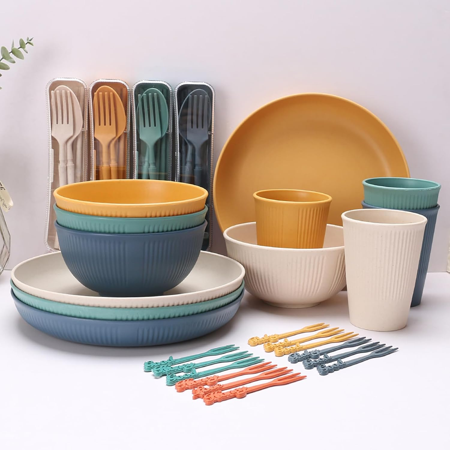 32 Pieces Wheat Straw Dinnerware Sets, Reusable Unbreakable Dinnerware Set, Plastic Dinnerware Sets, Picnic Camping Dinner Sets, Lightweight Camping Plates Cups and Bowls Set for Dorm Kitchen image number 4