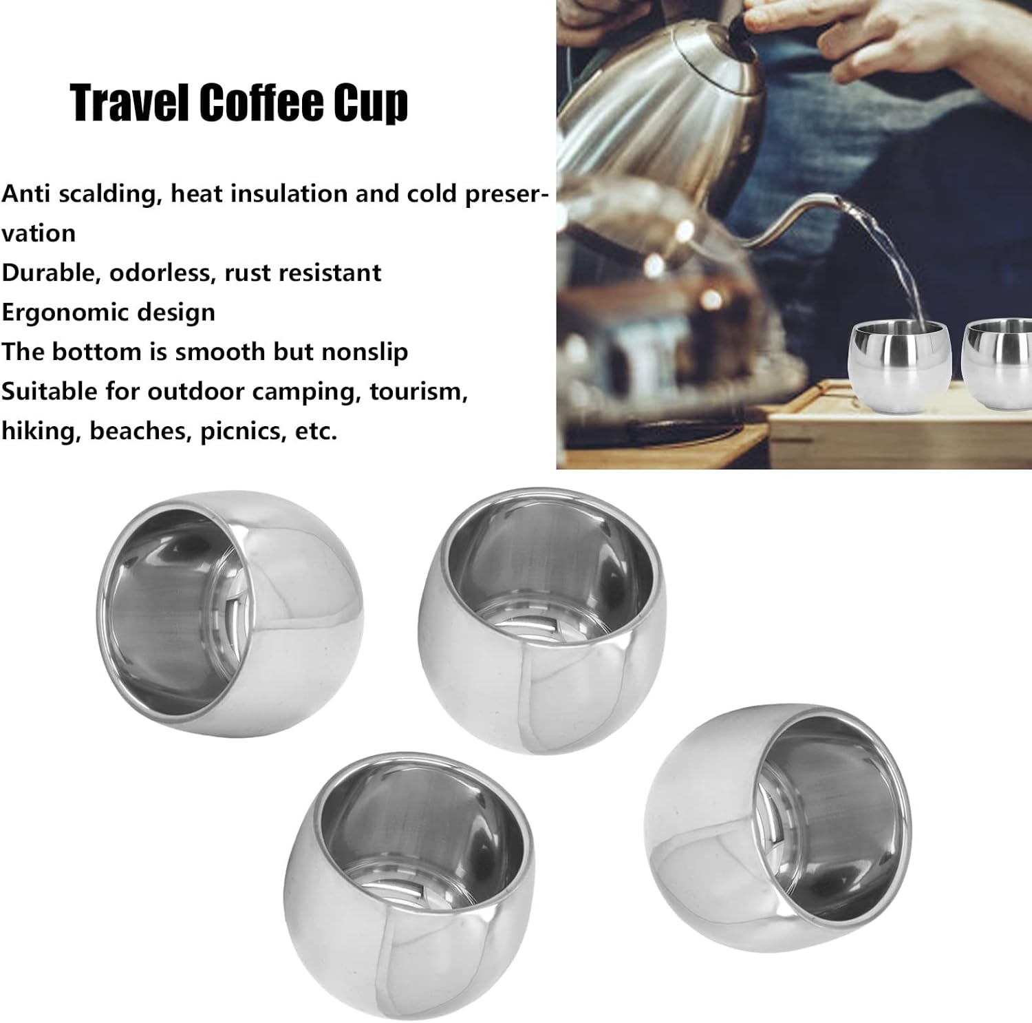 4Pcs Coffee Mug, 150Ml Stainless Steel Camping Mugs Outdoors Drinking Cup Picnic Mug, Double Layer Insulated Cups for Outdoor Camping Travel Hiking Beach Picnic image number 3