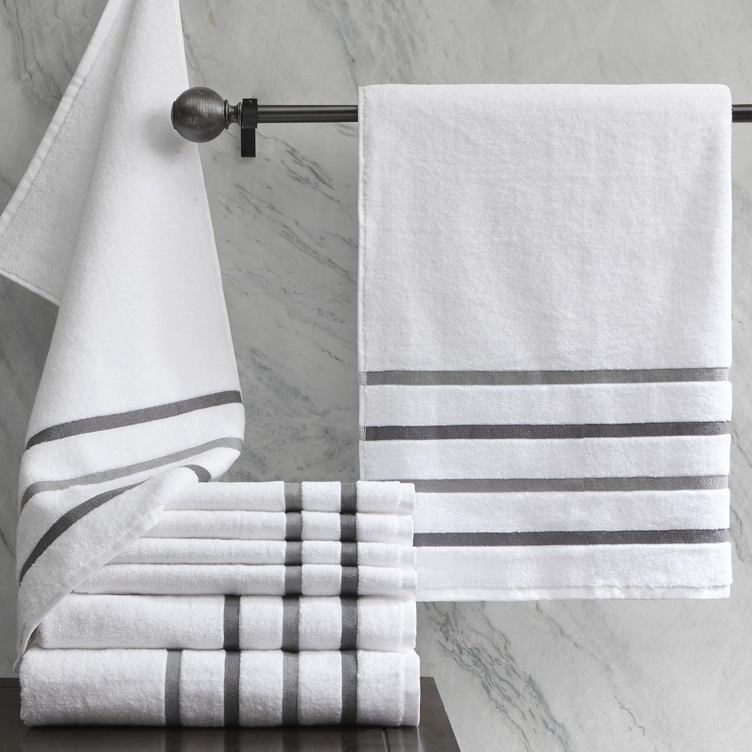 Comfort Spaces Cotton 8 Piece Bath Towel Set Striped Ultra Soft Hotel Quality Quick Dry Absorbent Bathroom Shower Hand Face Washcloths, Multi-Sizes, Zero Twist Charcoal 8 Piece - Charcoal image number 6