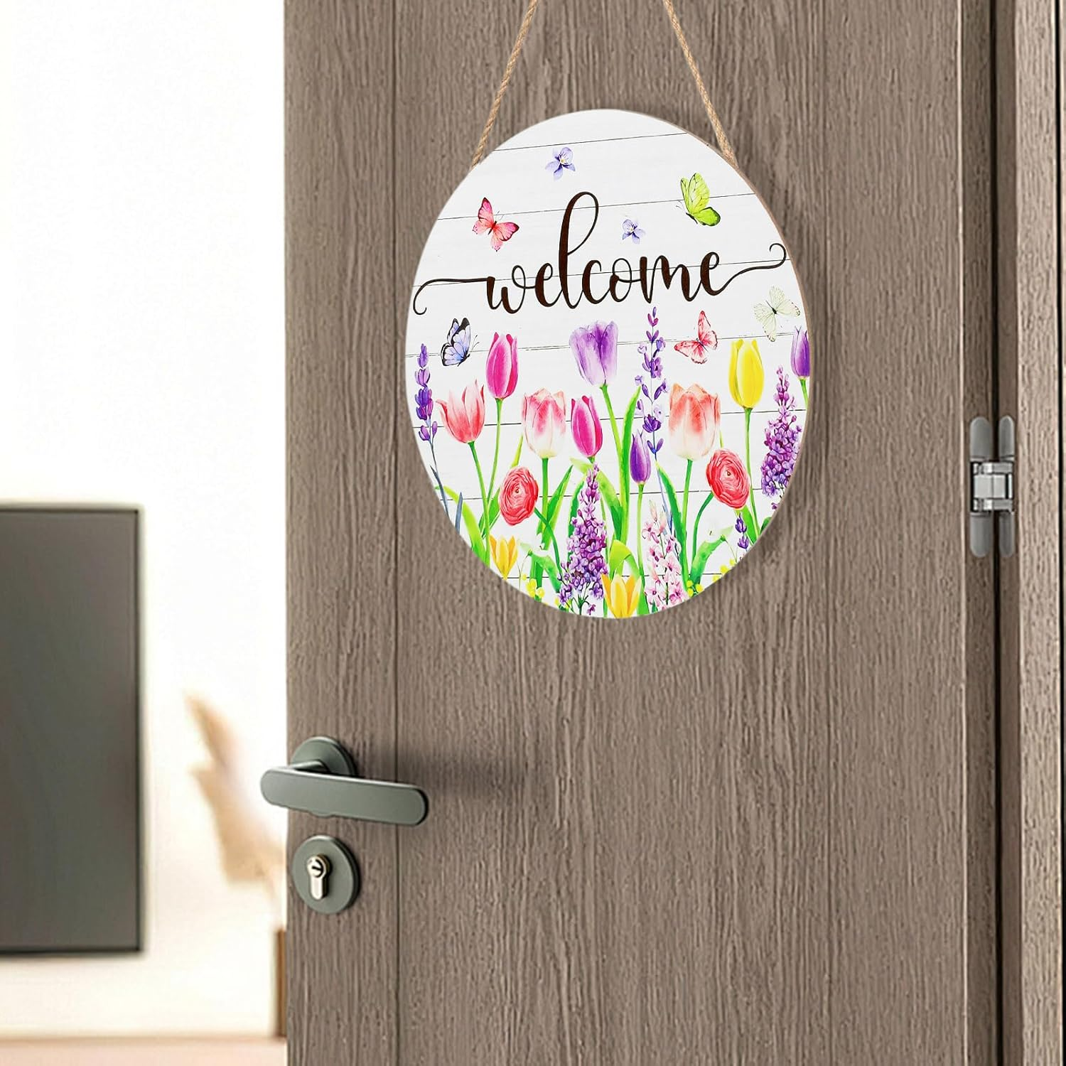Huakaile Spring Tulip Welcome Sign for Front Door Decor, Pink Purple Floral Butterfly Welcome Door Sign, Seasonal Flower Wooden Door Hangers, Farmhouse Wreath Hanging Signs Decoration for Porch Yard - Purple image number 4