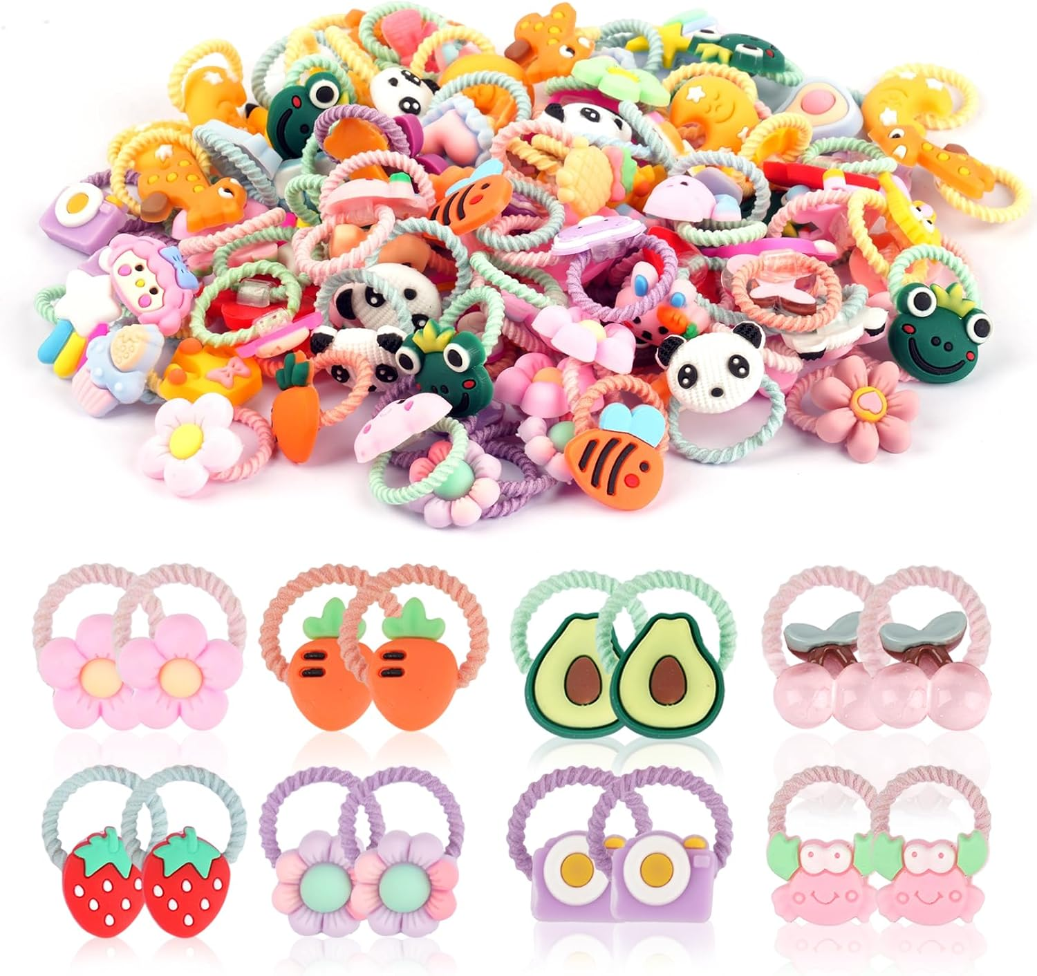 Pack of 100 Colourful Hair Bobbles Girls Elastic Baby Hair Bobbles Cartoon Hair Bands Girls Kids Hair Bobbles Small with Bows, Animal, Flower and Fruit Patterns image number 2
