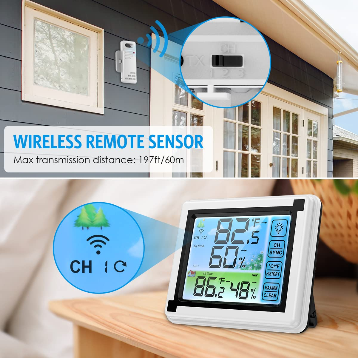 Upgraded Wireless Weather Station Indoor Outdoor Thermometer with Remote Sensor, Digital Humidity & Temperature Monitor with LCD Backlight,Touchscreen Min/Max Records for Baby Room, Office,Warehouse image number 2