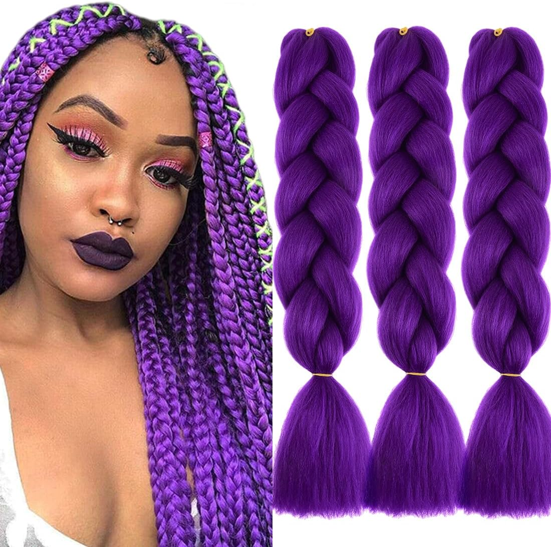 Kanekalon Jumbo Braids Hair Extensions Synthetic Fiber for DIY Box Braiding Hair 3 Packs 61 CM 24 Inch A35 Purple Color image number 5