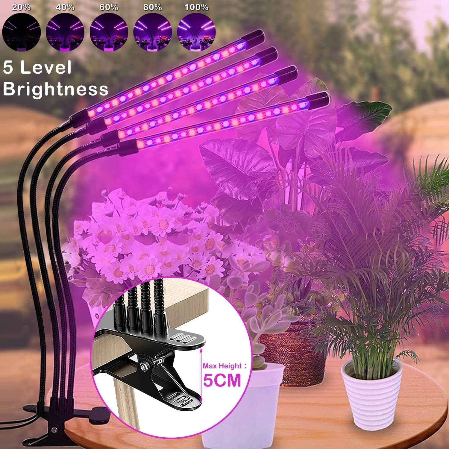 Grow Lights for Indoor Plants, Full Spectrum Plant Light with Timer 3/9/12H, 4 Adjustable Heads & 3 Modes, 360&deg; Flexible Neck for Seedlings, Succulents, Hydroponics (Black) image number 5