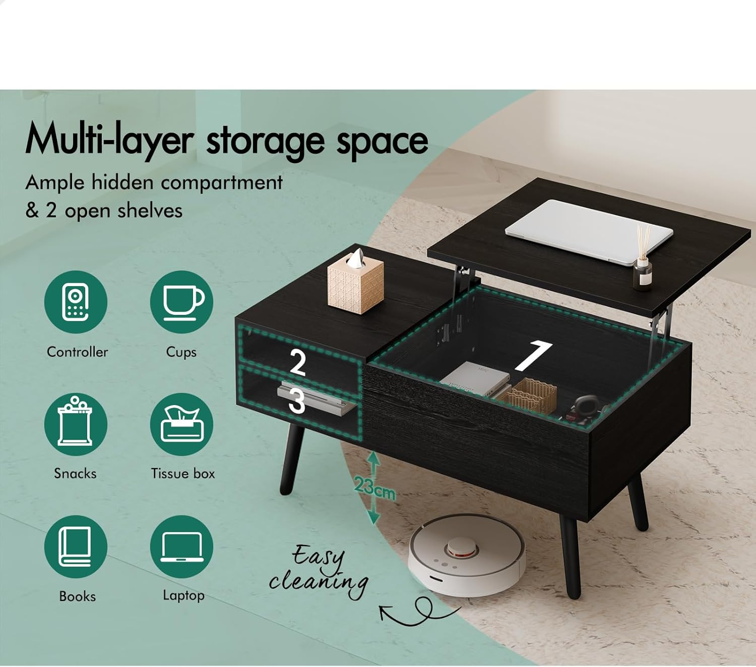 ALFORDSON Lift Tabletop Coffee Table Center Table Black Color, Living Room Office Reception Dining Table with Rising Top, Hidden Storage and Side Open Shelves image number 1