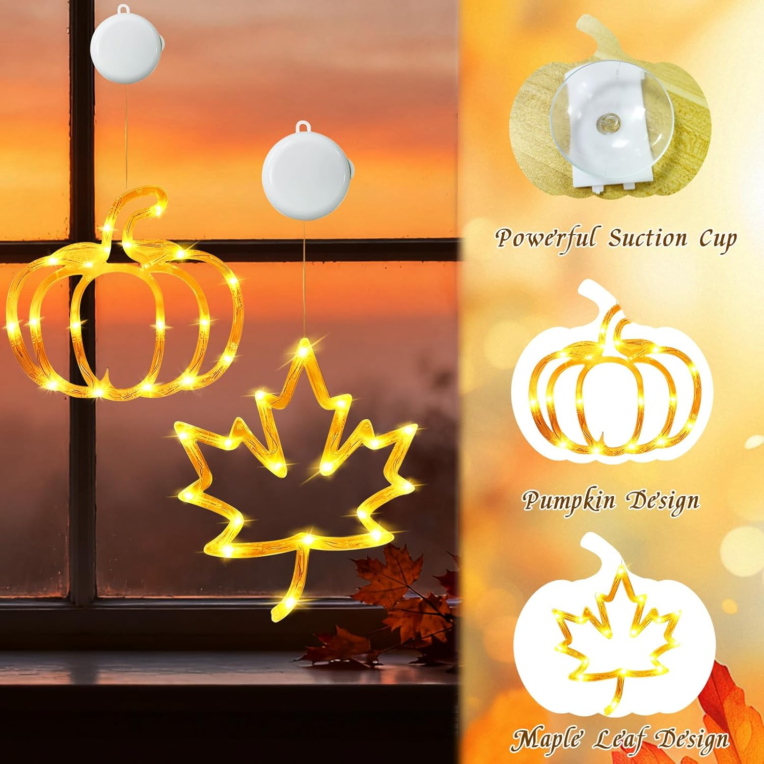 Taimeimao Autumn Decoration Light with Suction Cup, Waterproof Autumn Decorative Window Lights, Pumpkin Maple Leaf Window Decoration Lights, Autumn Fairy Lights with Suction Cup for Autumn Halloween image number 1