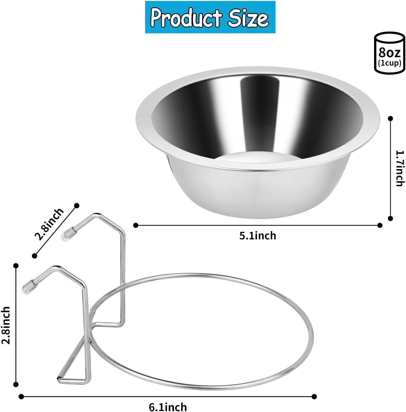 2 Pcs Stainless Steel Dog Crate Water Bowl, Dog Feeder Food Holder Puppy Bowls, Hanging Dog Bowls for Kennel outside or inside (8 Oz) image number 4