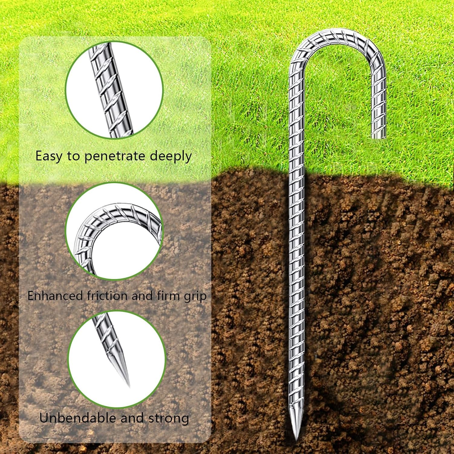 6Pcs12 Inch/30Cm Rebar Ground Tent Stakes Galvanised Ground Anchor, Tent Pegs, Ground Anchor, Ground Pegs, Tent Nails, Building Anchor, J-Shaped for Fence, Tents, Canopies, Shed, Swing, J-Shape image number 6