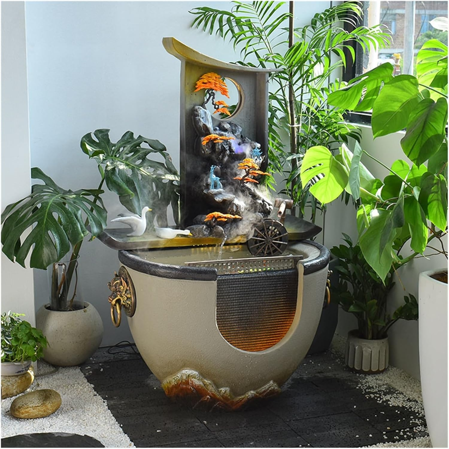 Outdoor Fountain New Chinese Water Fountain with Feng Shui Wheel and Fish Pond, Decorative, Circulating Landscape Ornaments, Suitable for Living Room, Office, Courtyard(Yellow) - Green image number 4
