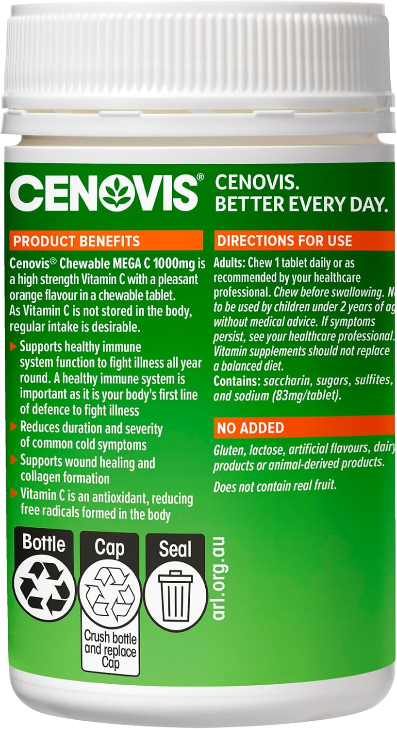 Cenovis Mega C 1000Mg Tablets 300 (3 X100 Tab) Orange Flavour- High Strength Vitamin C Tablets- Reduces Severity & Duration of Common Cold Symptoms - Supports Healthy Immune System Function image number 6