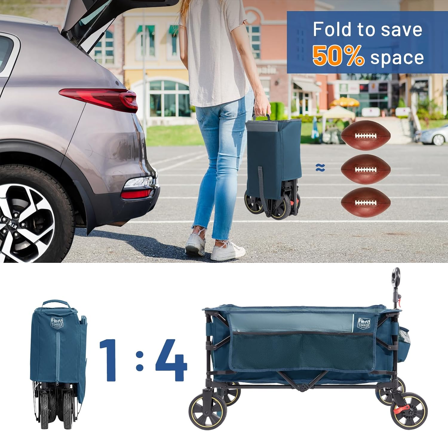 TIMBER RIDGE Collapsible Wagon Cart with Brakes, 200L Large Capacity Compact Portable Easy to Carry Folding Wagon, Utility Grocery Cart for Camping, Gardening, Shopping image number 6