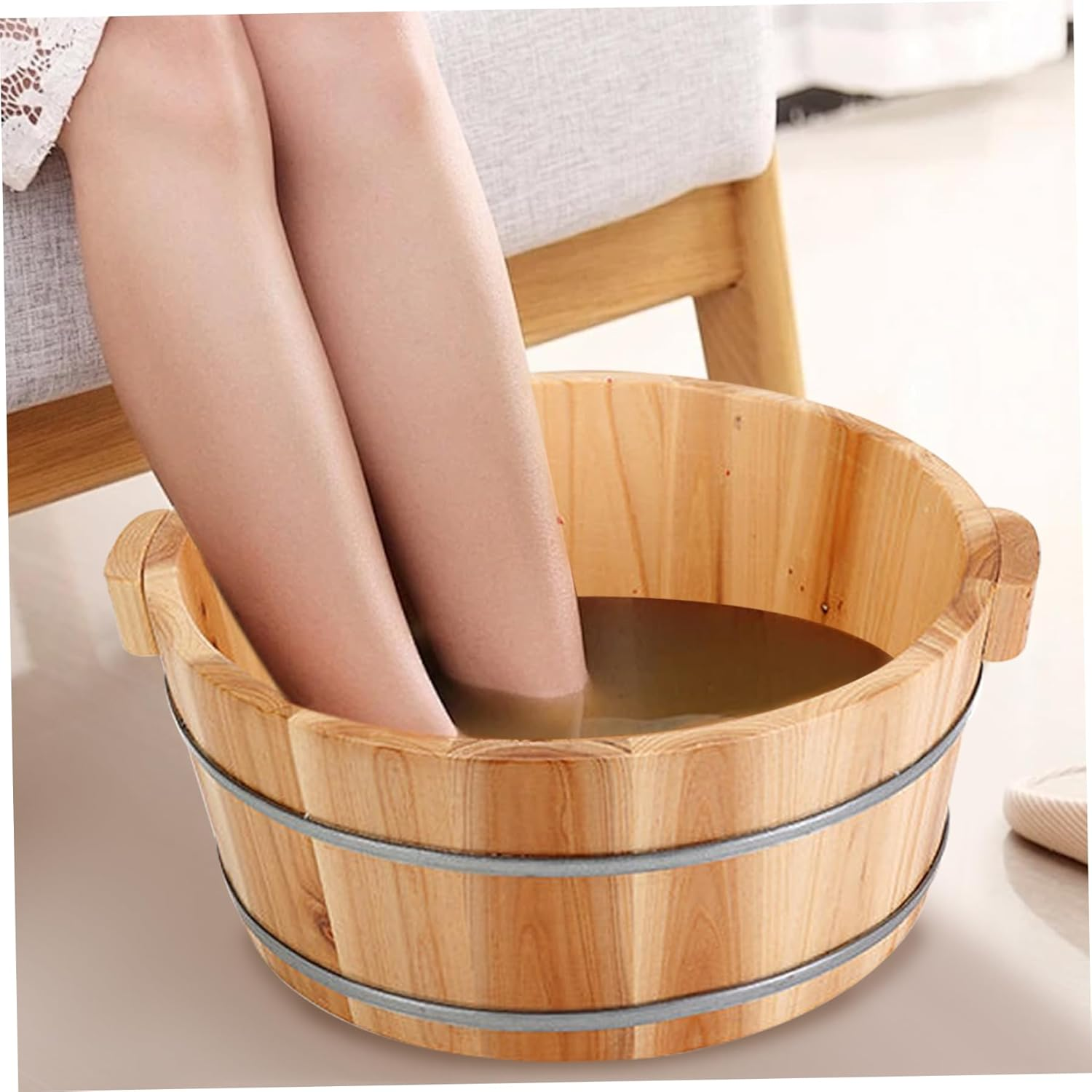 Foot Bath Soak Tub, 14.2X6.3Inch Wooden Foot Soaking Tub, round Pedicure Bowl, Foot Bath Basin, Foot Soaking Basin, Foot Bath Bucket for Home Sauna Foot Care image number 4