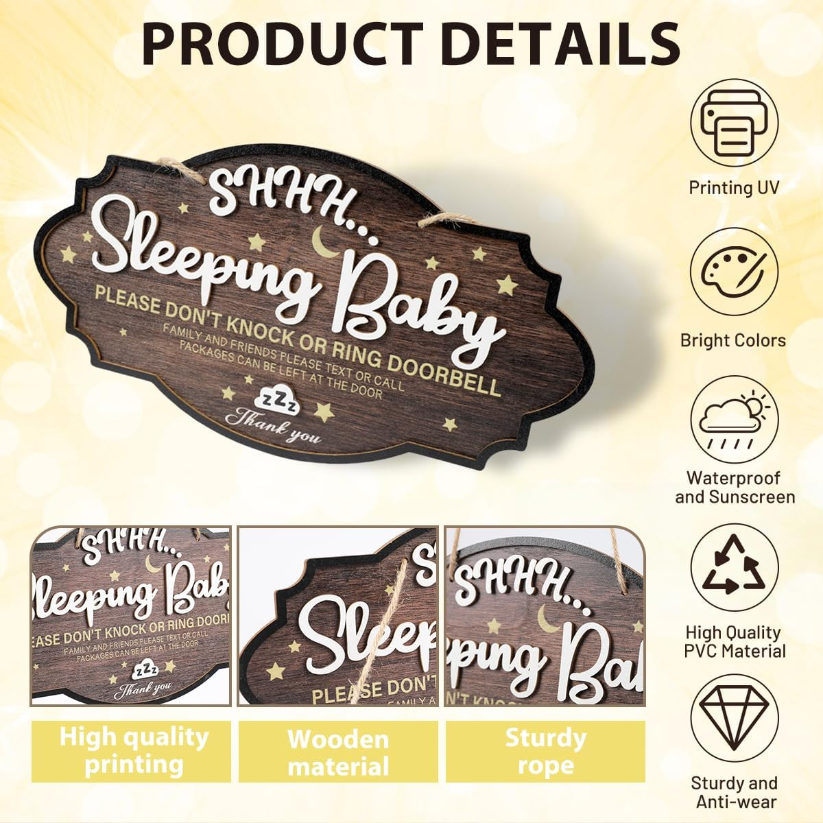 Baby Sleeping Sign for Front Door - Wooden Please Do Not Disturb Door Signs Do Not Knock or Ring Doorbell Baby Sleeping Sign for Nursery Home New Born Gifts image number 2