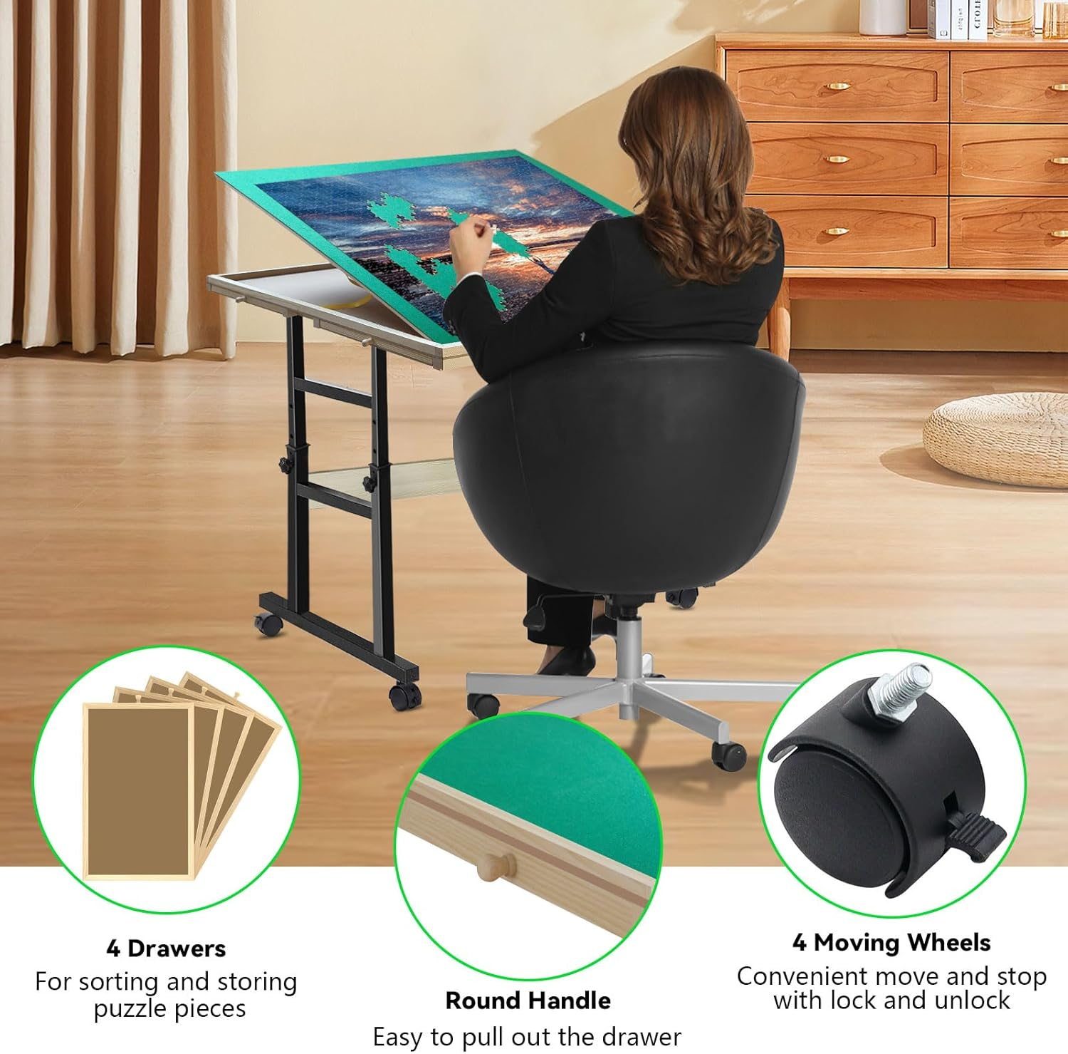 1500 Piece Jigsaw Puzzle Table with Adjustable Height & Tilt, Jigsaw Puzzle Board with 4 Drawers & Cover, Puzzles Tray Wooden Puzzles Table with Legs and Wheels for Adults & Seniors image number 6