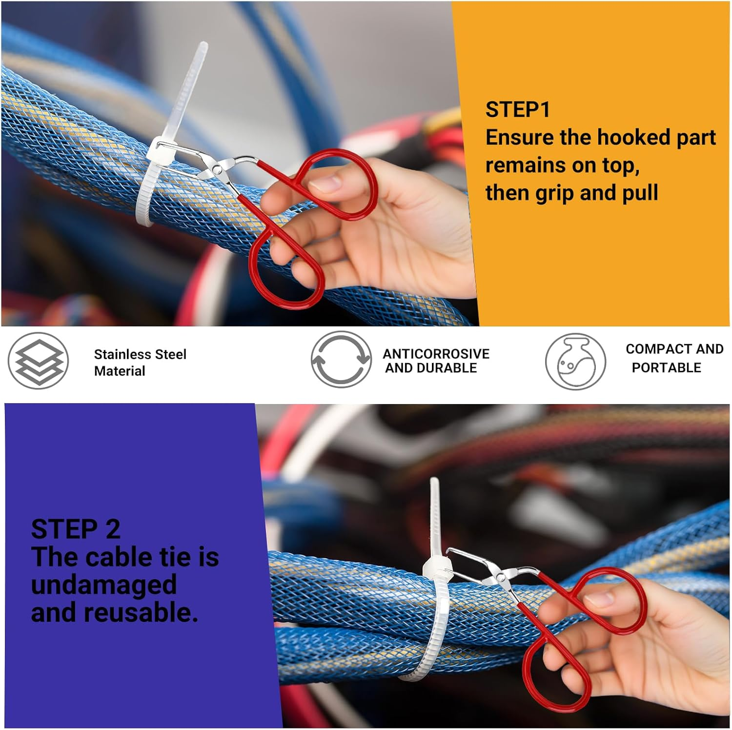 2PCS Cable Tie Opener, Stainless Steel Zip Tie Cutter, Pocket-Sized Zip Ties Tool with Red Silicone Handle for Quickly Untie, Multipurpose Removal Pliers, Electronics Accessories