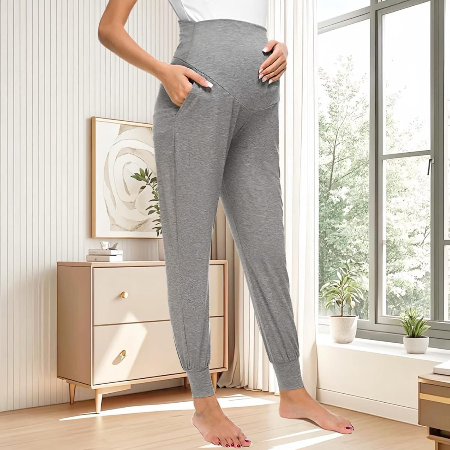 Women'S Maternity Joggers over the Belly Pregnancy Trousers Stretchy Sweatpants with Pockets Workout Sports Activewear Loungewear Maternity Clothes Pants image number 2