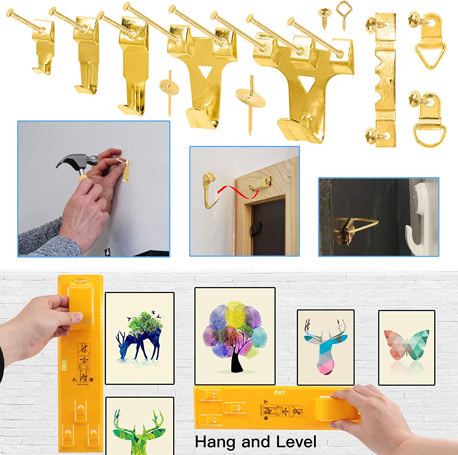 Glarks 307Pcs Picture Hanging Kit, Picture Frame Hanger Tool with Level Ruler and 306Pcs Nails, Hooks, Hanging Wire, Screw Eyes, D Ring and Sawtooth Hanger for Frame Hanging Wall Mounting image number 1