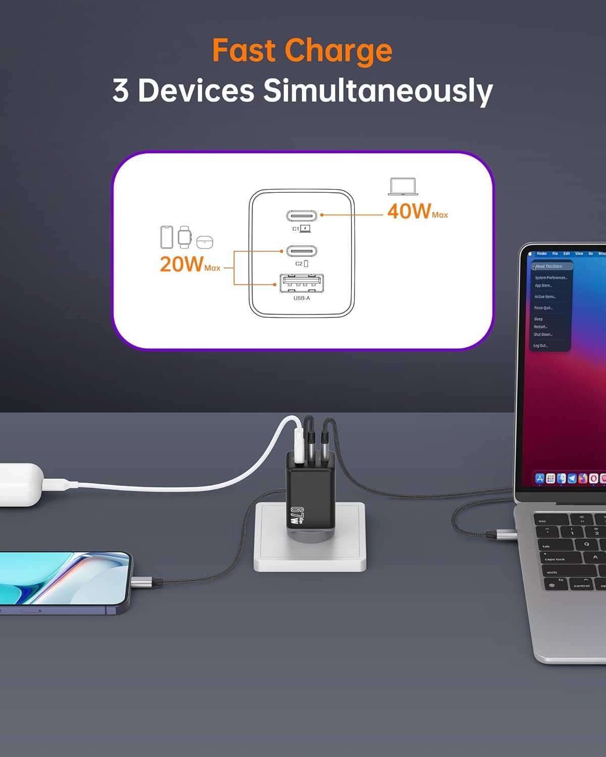 NOVOO 67W USB C Charger with 1 PD 100W Type-C Cable, Gan III 3-Port Compact Fast PPS Wall Charger Foldable, for Macbook Pro 14'', Dell XPS 13, Ipad Pro, Iphone 15, Galaxy S24 Ultra, Note 20 Etc image number 3