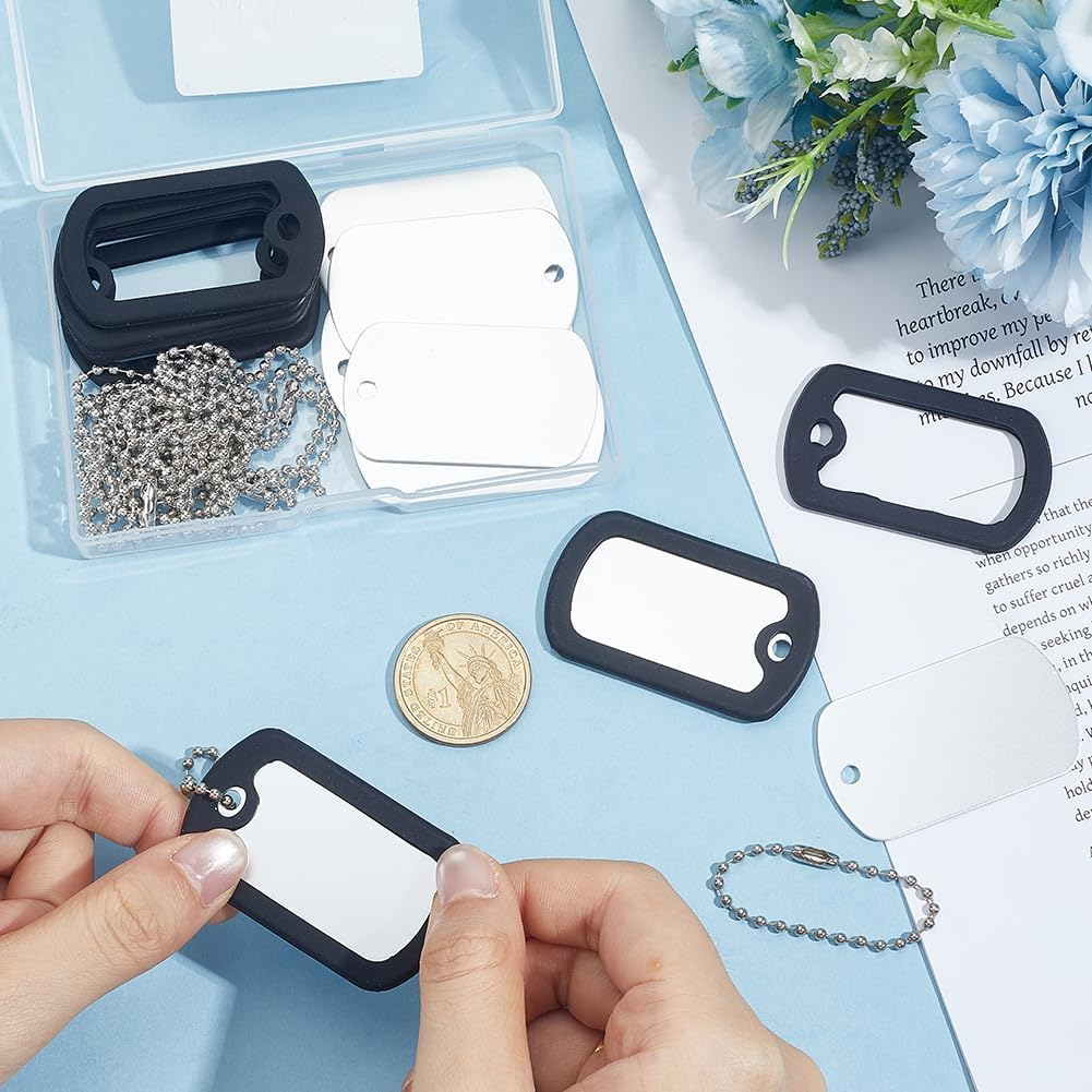 SOFPLATE 8 Set (24 Pieces) Black Military Dog Tags with Rubber Damper Aluminium Pet Tags (Blank) with Ball Chain and Silicone Case for Noise Reduction and Protection of the Dog Brand ID SCH image number 1