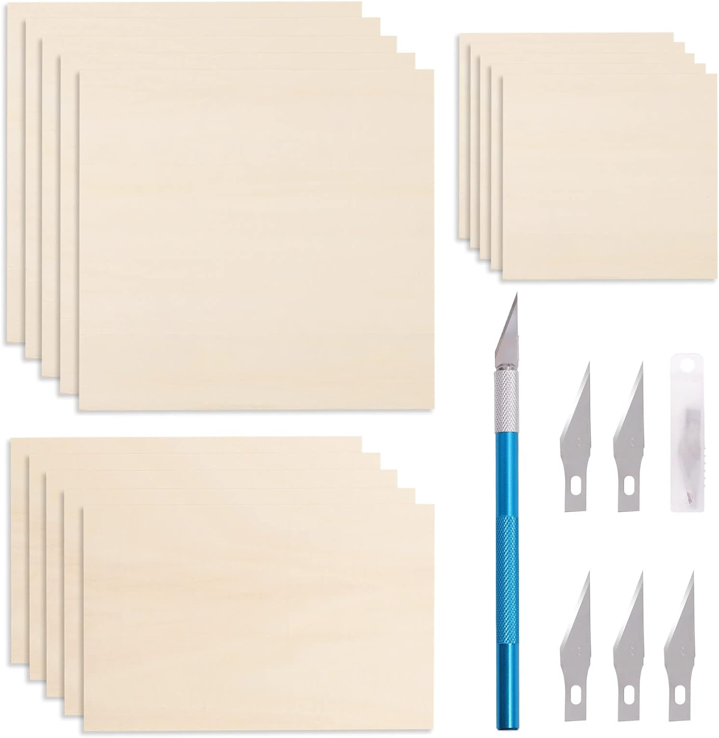 Swpeet 16Pcs 3 Sizes Basswood Sheets Kit - 7.87 Inch and 11.8 Inch Square Thin Wood Plywood Board with Trimmer Pen Knife - Natural Unfinished Wood for Crafts image number 2