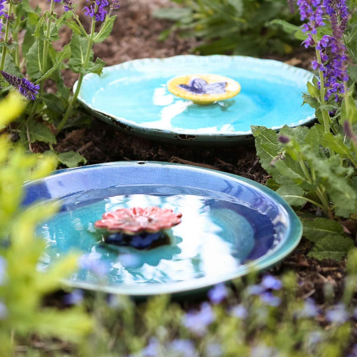 Topadorn Birdbath Ceramic Bowl Decor for Bee Bird Bath Outdoor Garden Vintage Yard,Blue with Yellow Flower - Blue With Red Flower image number 6