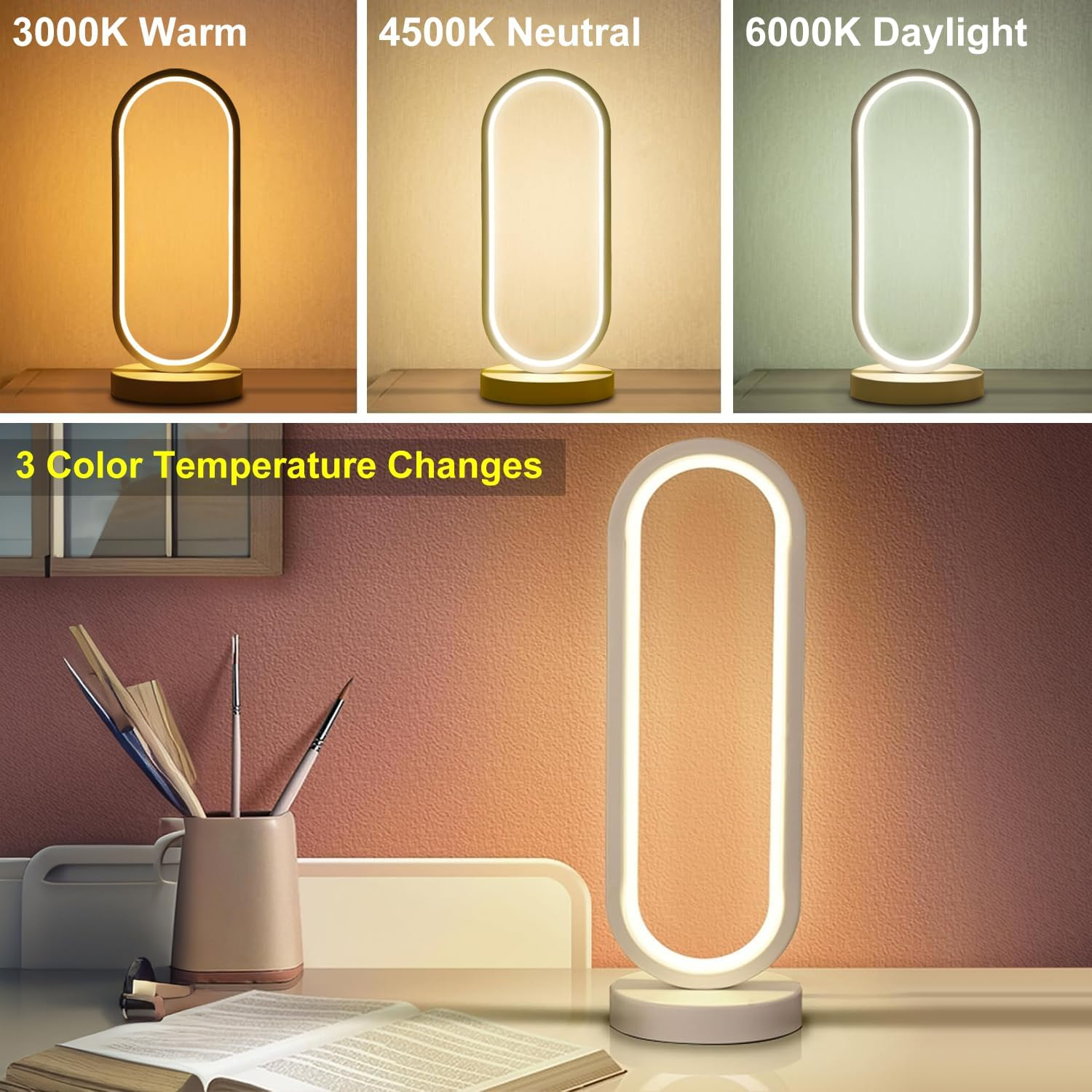 Modern Bedside Table Lamp, Led Oval Nightstand Light, Rechargeable Dimmable Nightstand Lamp, 3 Color Temperatures and 10 Brightness Levels Desk Lamp for Living Room, Bedroom Home Decoration image number 3