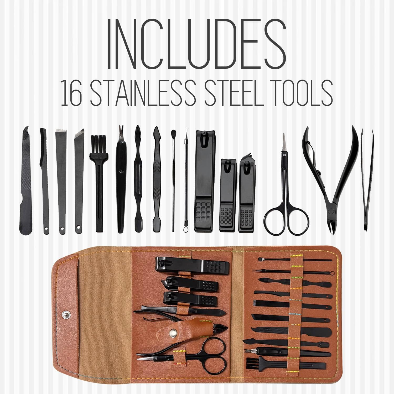 Manicure Set Professional Nail Clippers Pedicure Kit 16Pcs, Portable Stainless Steel Nail Kit Nail Clipper Set Manicure Set, Pedicure Kit Grooming Kit with Brown Leather Case for Men Women (Brown) image number 5