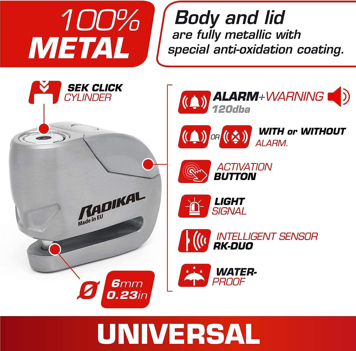 RADIKAL RK9Z Disc Lock Alarm 120 Db, on Button, Warning Fonction, Long Lasting Battery, 100% Waterproof, Metal, Universal anti Theft Wheel Brake Lock for Motorcycle, Scooter, Bike, Electric Scooter image number 4