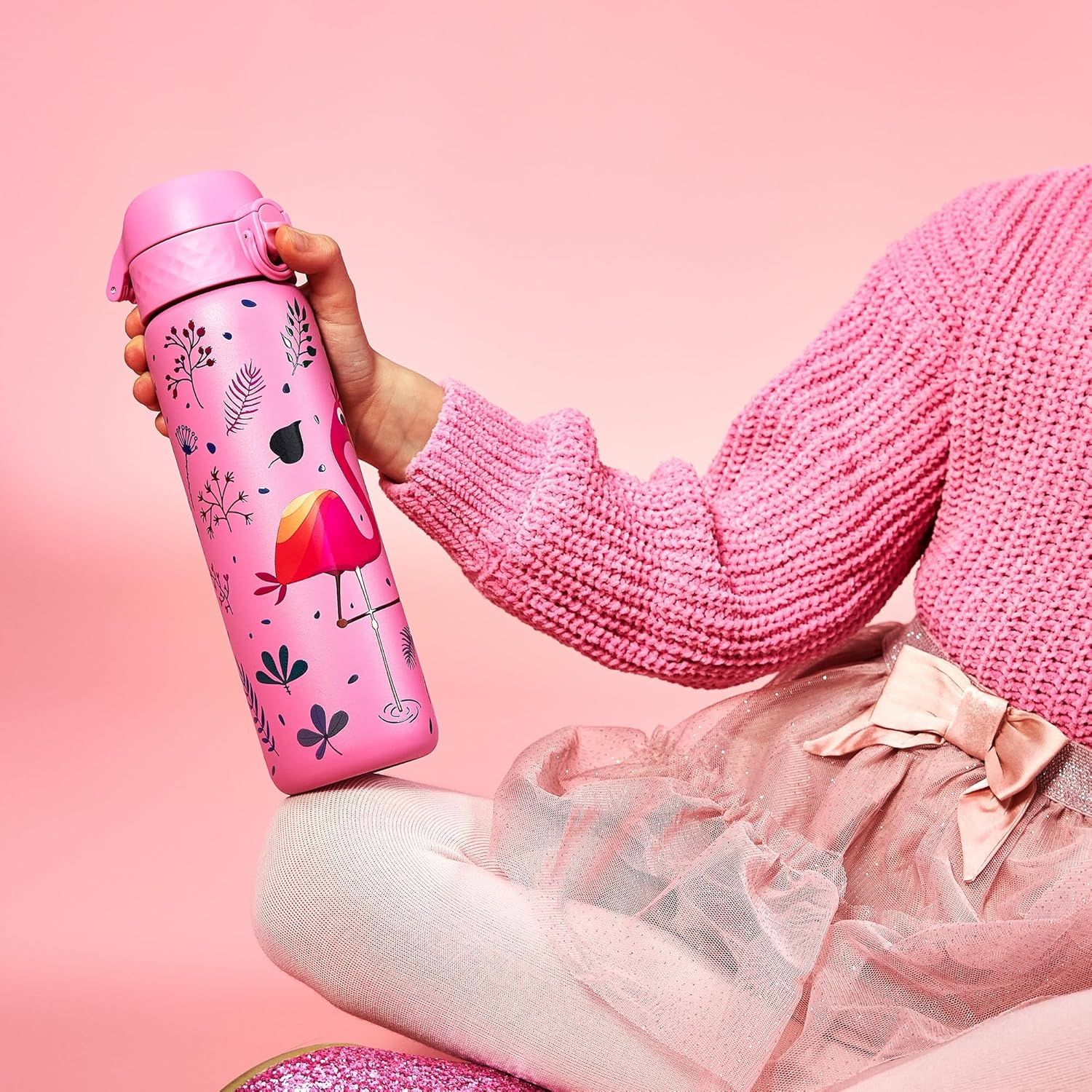 Ion8 Steel Water Bottle, 600 Ml/20 Oz, Leak Proof, Easy to Open, Secure Lock, Dishwasher Safe, Flip Cover, Fits Cup Holders, Carry Handle, Durable, Metal Water Bottle, Raised Print, Flamingo Design image number 2