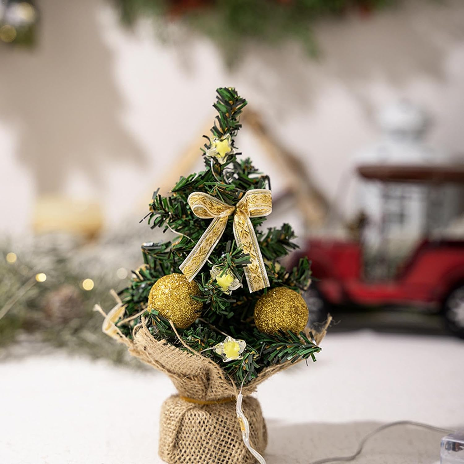 Desktop Christmas Tree with Lights,3X Green Tabletop Christmas Tree | Green Tabletop Festival Lights with Burlap Base image number 5