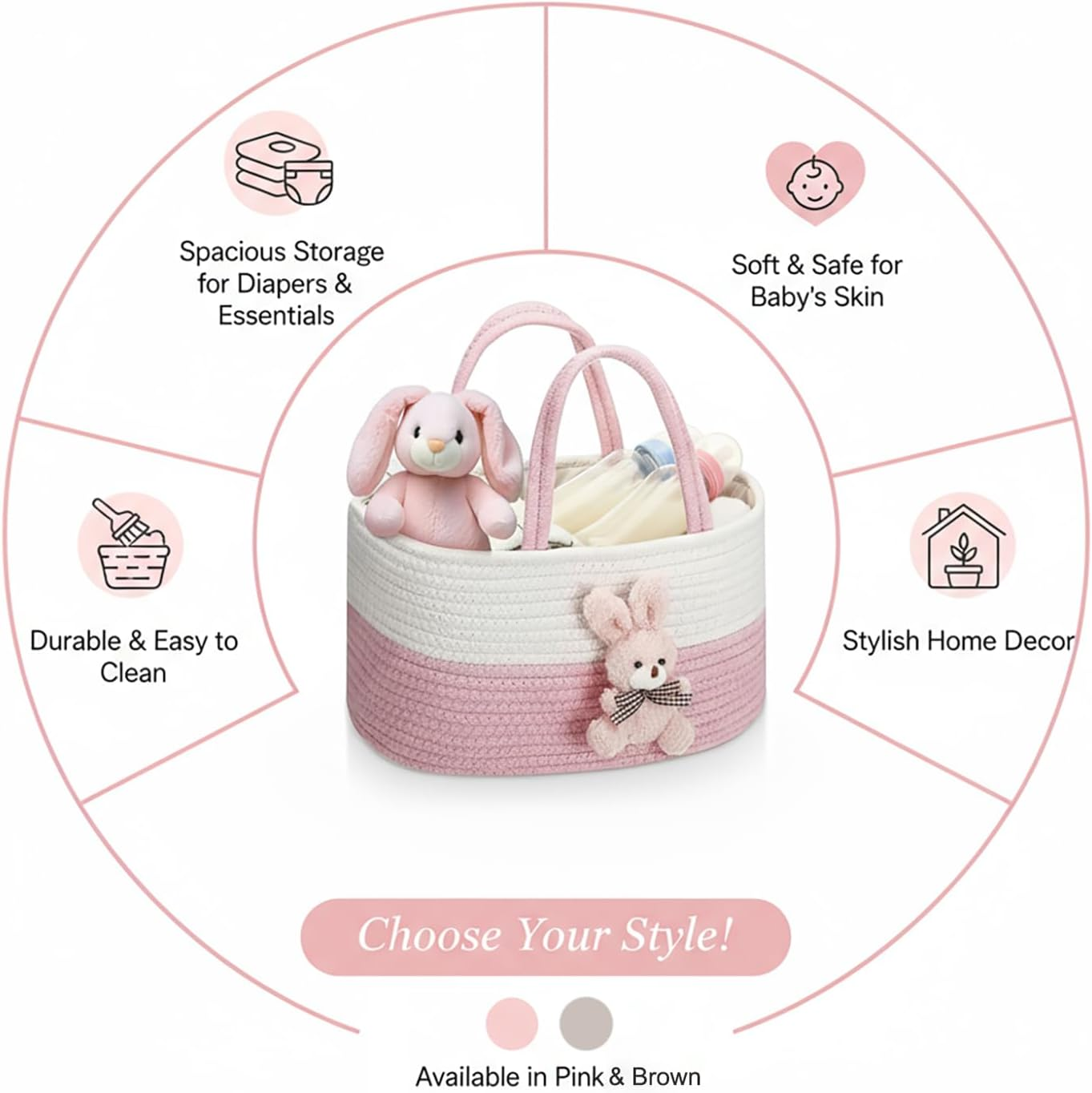 Baby Nappy Caddy Diaper Caddy Organizer, Baby Shower Basket, with Removable Inserts Nursery Bohemian Cotton Rope Storage Basket, Baby Storage Basket for Changing Table and Wipes (Pink Rabbit) - Beige-Brown Bear image number 4