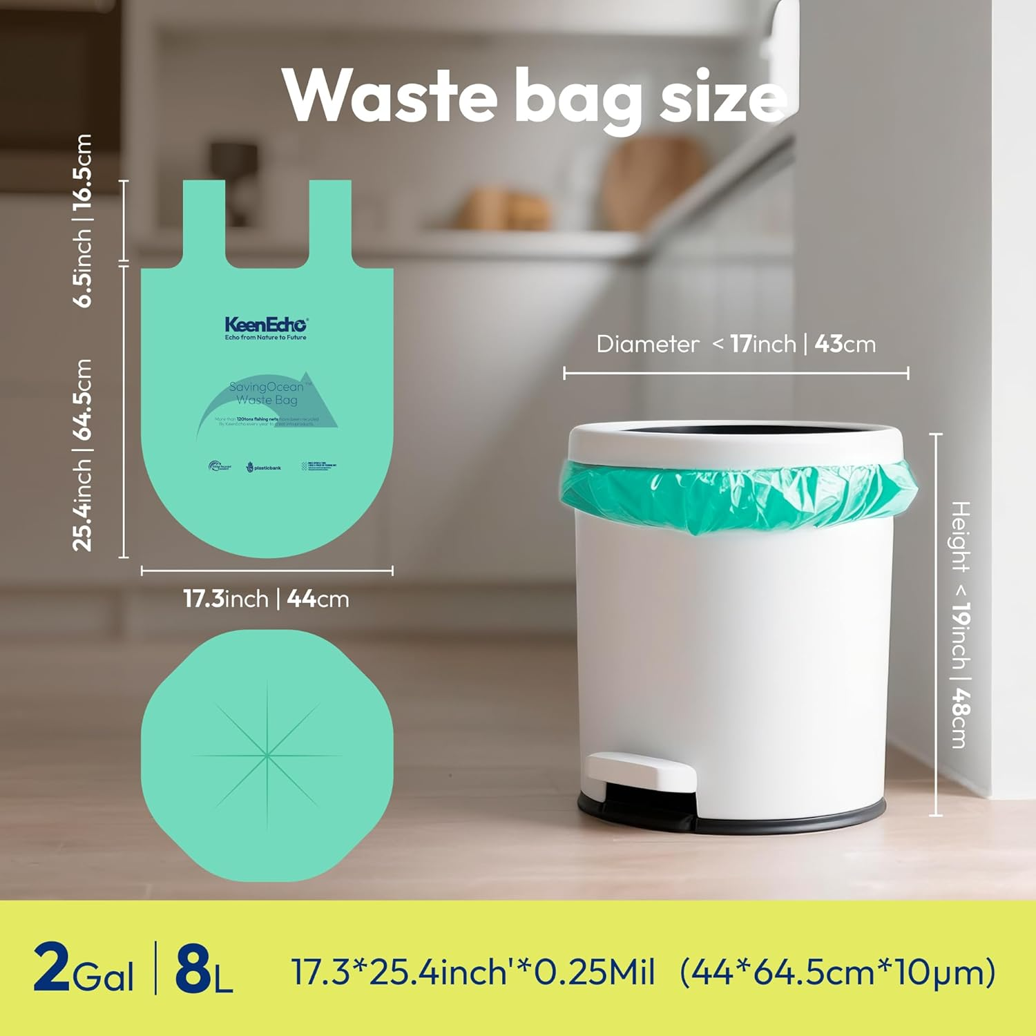 8L 200 Counts Small Green Bin Liners with Handle, Ocean Fishing Nets Upcycling, Sage & Sea Salt Scented, Plastic Bin Bags, Garbage Bags for Kitchen, Bathroom, Office and Pets image number 3