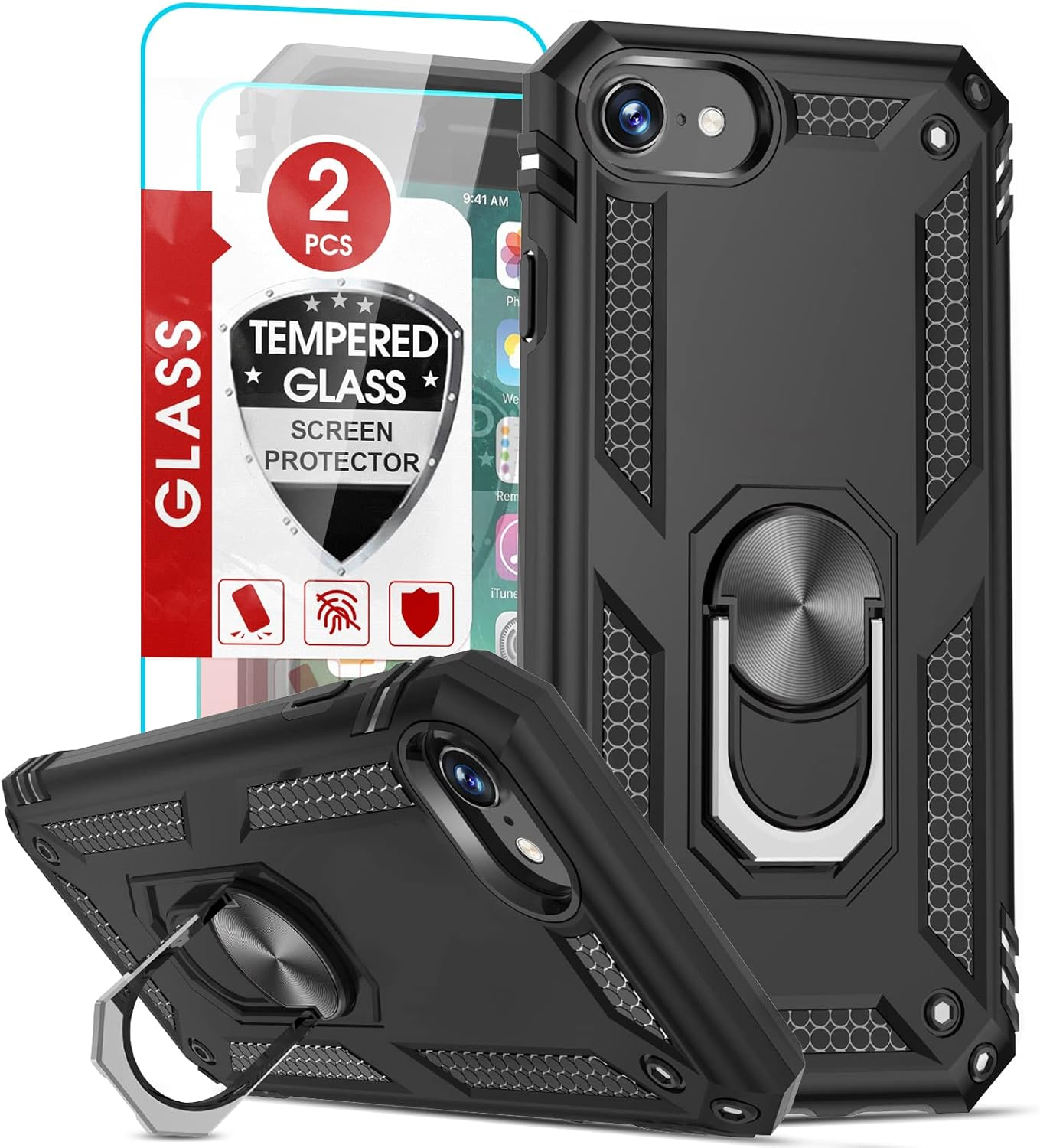 Leyi for Iphone SE Case 2022, Iphone SE 3Rd Generation Case with [2Pack] Tempered Glass Screen Protector, [Military-Grade] Cover with Magnetic Ring Kickstand for Iphone SE 2022/2020, Black