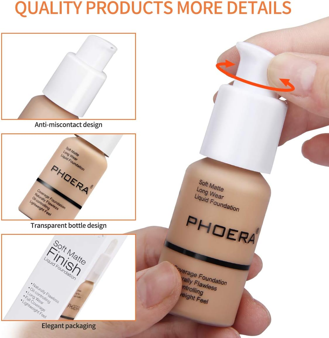 PHOERA Face Foundation,Liquid Foundation,Foundation Full Coverage,Long Lasting Perfect 30Ml Matte Oil-Control Concealer 6 Colors Optional,Great Choice and Gift (#105 Sand, 30Ml) - 102 Nude image number 2
