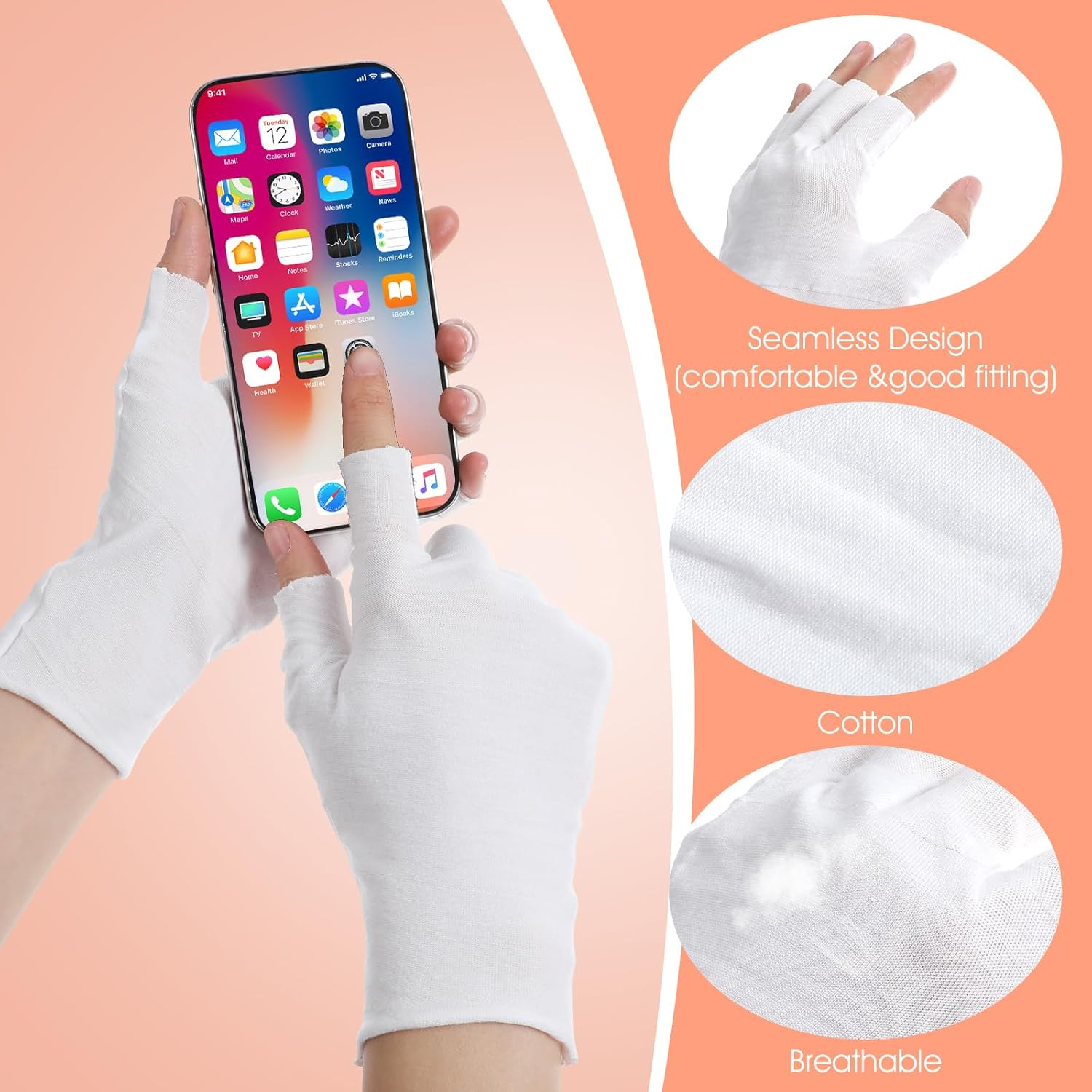Heclia 8 Pairs White Cotton Moisturizing Gloves Fingerless Touchscreen Moisturizing Gloves for Dry Hands Sleeping, 100% Cotton Quilting Glove, Size M, Eczema Glove for Men and Women 7.09&times;4.33 Inches