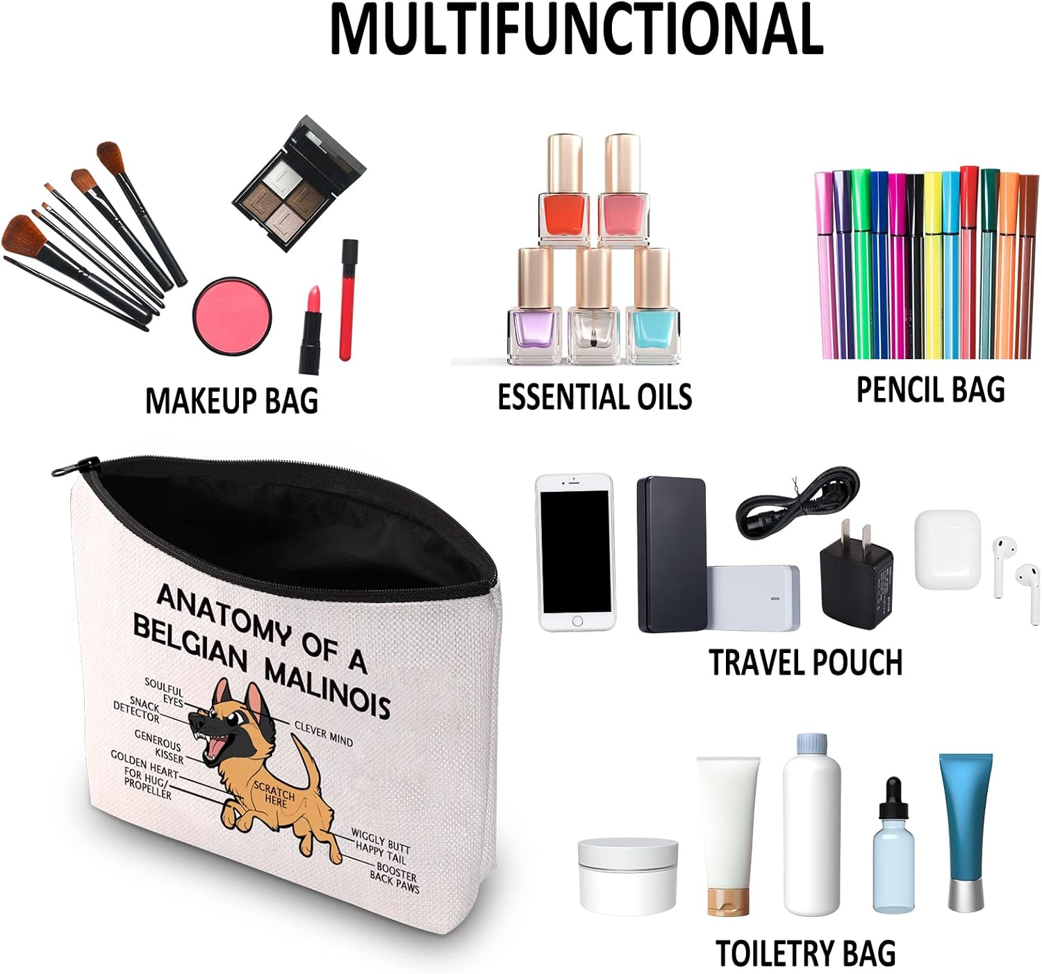 G2TUP Belgian Malinois Dog Lover Gift Anatomy of a Belgian Malinois Makeup Bag Belgian Malinois Mom Cosmetic Bag Dog Owner Zipper Travel Bag, Anatomy of a Belgian White Bag