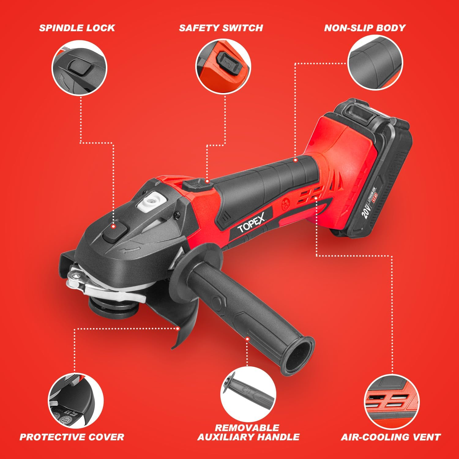 TOPEX 20V Cordless Angle Grinder 125Mm with 4.0 Ah Li-Ion Battery and Fast Charger, 8500 Rpm, 3 Position Side Handle Grinding Cutting Power Tool Includes Grinding Disc, Soft Start image number 5