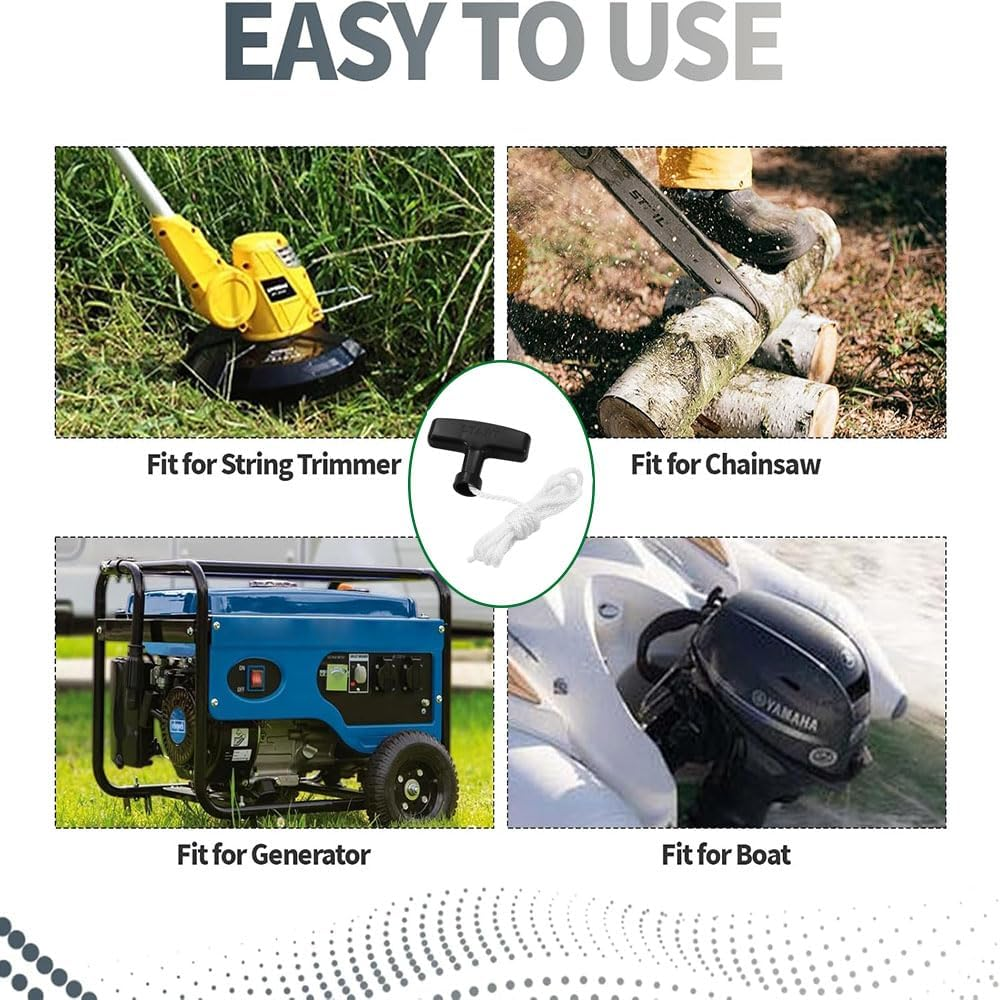 Lyhaogao 4 Pack Universal Lawn Mower Pull Cord Replacement Kit with T Handle Heavy Duty Starter Rope for Generators, Trimmers, Lawn Mowers Grip, Easy to Install, Durable Nylon Construction