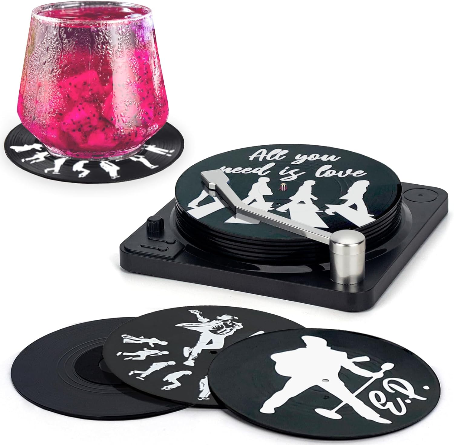 Valdivia Retro Vinyl Record Coasters with Base and Legendary Labels, Coaster Glasses Drink Coasters Set of 6 with Gift Box for Bars, Cafes, Home, Party, Office