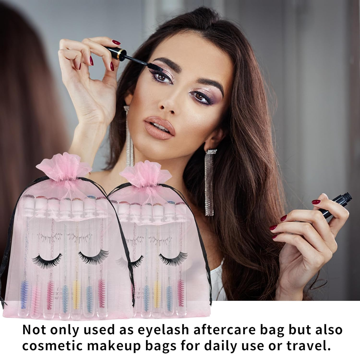 Jexila 100 Pack Pink Lash Bags for Clients Eyelash Aftercare Lash Extension Kit Bags Pink Mesh Makeup Bag with Drawstring Cosmetic Organza Gift Bag for Small Business Supplies image number 5