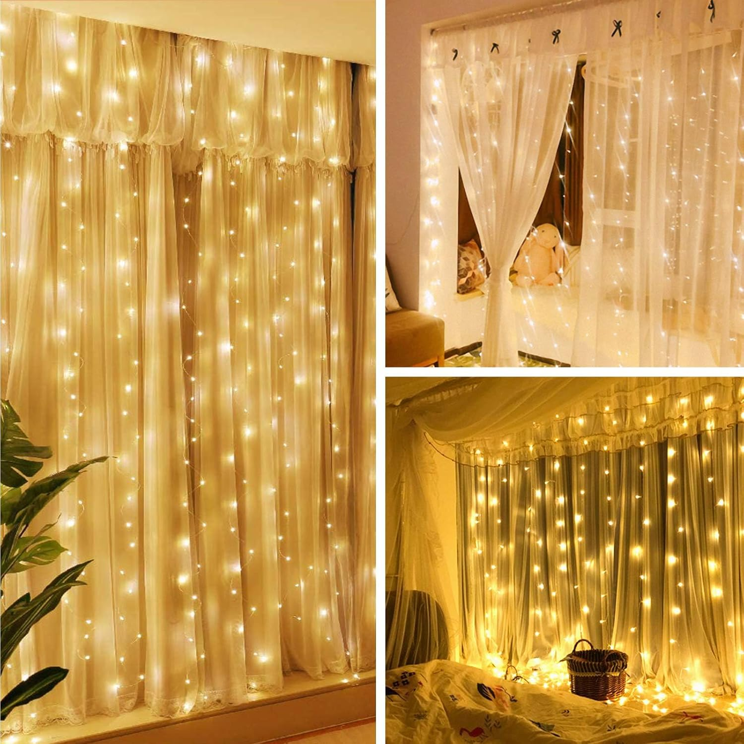 Harloon 300 LED Fairy Curtain Lights 2 Pack, 3Mx3M USB Plug-In 8 Modes Christmas Decoration, String Hanging Lights for Bedroom Backdrop Wedding Party Indoor Wall Decor, Warm White image number 2