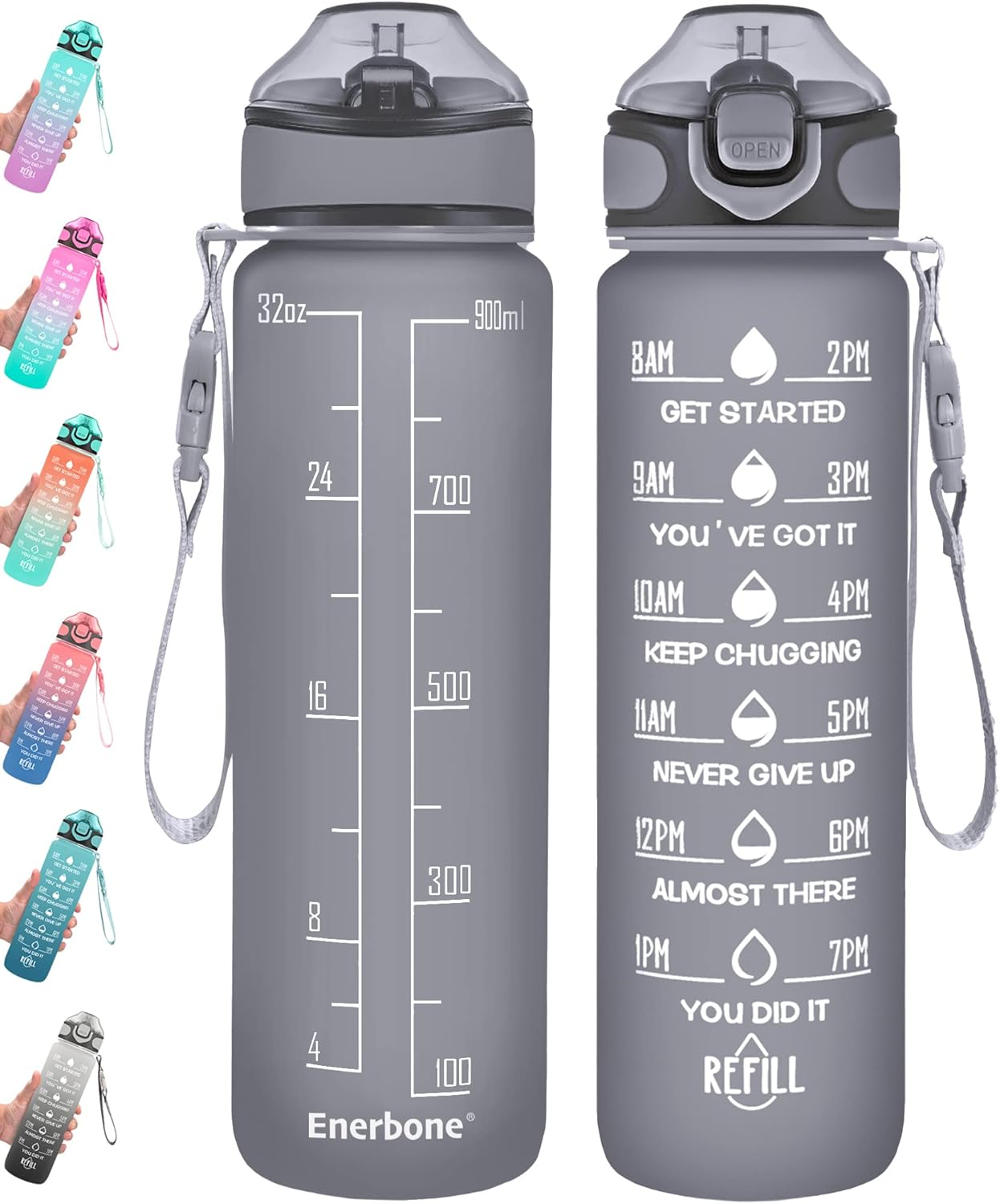 Enerbone 32 Oz Water Bottle with Times to Drink and Straw, Motivational Drinking with Carrying Strap, Leakproof BPA & Toxic Free, Ensure You Drink Enough Water for Fitness Gym Outdoor