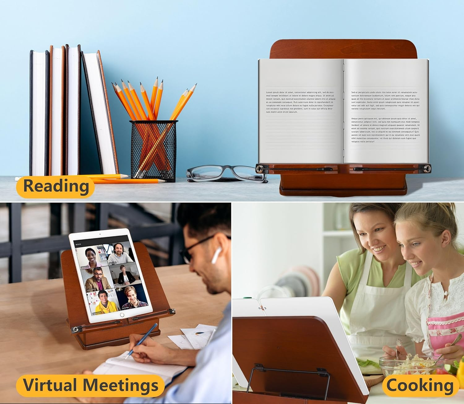 Large Wooden Book Stand with Carousel Base &ndash;Adjustable Book Holder with Storage Box and Magnetic Stand &ndash; 360&deg; Rotate Wooden Book Organizer for Cookbook, Reading Book, Magazine, Laptop (Dark Cherry) - Dark Cherry image number 6