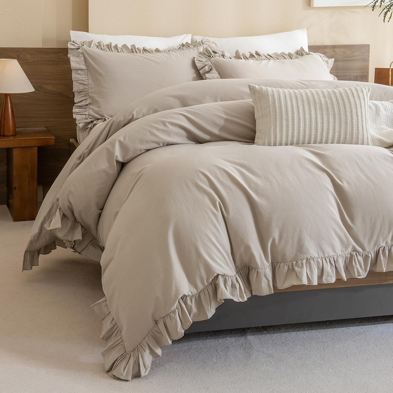 QSH 100% Cotton Queen Duvet Cover Set,Ruffle Duvet Cover Linen Feel Textured Farmhouse Shabby Vintage Chic Bedding Comforter Cover 3 Pieces Aesthetic French Country Queen Bed Set Soft Breathable