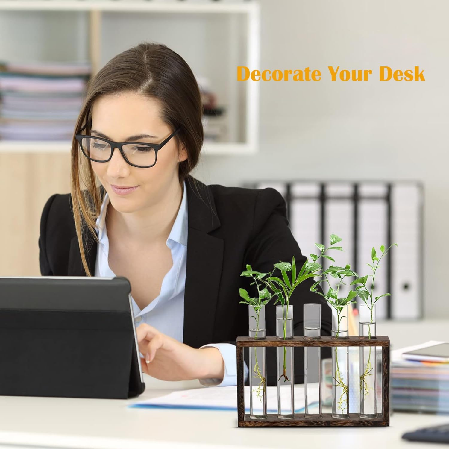 Hydroponic Plant Stand, Wall Hanging Test Tube Planter, Plant Terrarium with Wooden Stand and 5 Test Tubes, Tabletop Terrarium Planter for Home Office Decoration (Brown) image number 3