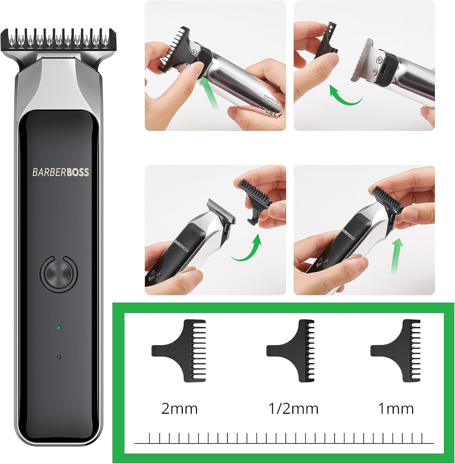 Barberboss Professional Facial Groomer, Beard Trimmer, Hair Clipper Men, Detail Trimmer, USB Rechargeable, Red/Green Light, Stainless Steel T-Blade, QR-2090